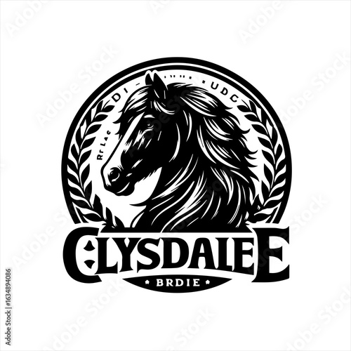 Majestic Clydesdale Horse Emblem Black and White.
