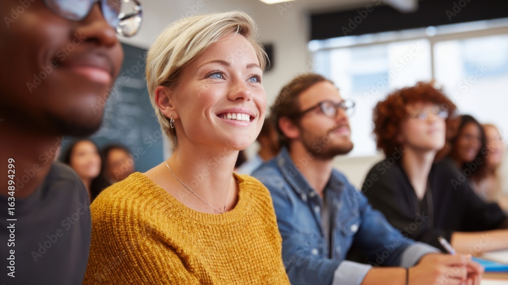 Obraz premium a woman smiles while sitting in a classroom