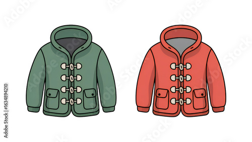 Stylish Toggle Coats in Green and Red Perfect for Winter Fashion Apparel and Cozy Cold Weather Wardrobe Essentials