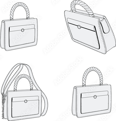 Elegant handbag with twisted rope handles, front flap pocket, detachable shoulder strap, minimalist design, detailed line art, fashion accessory