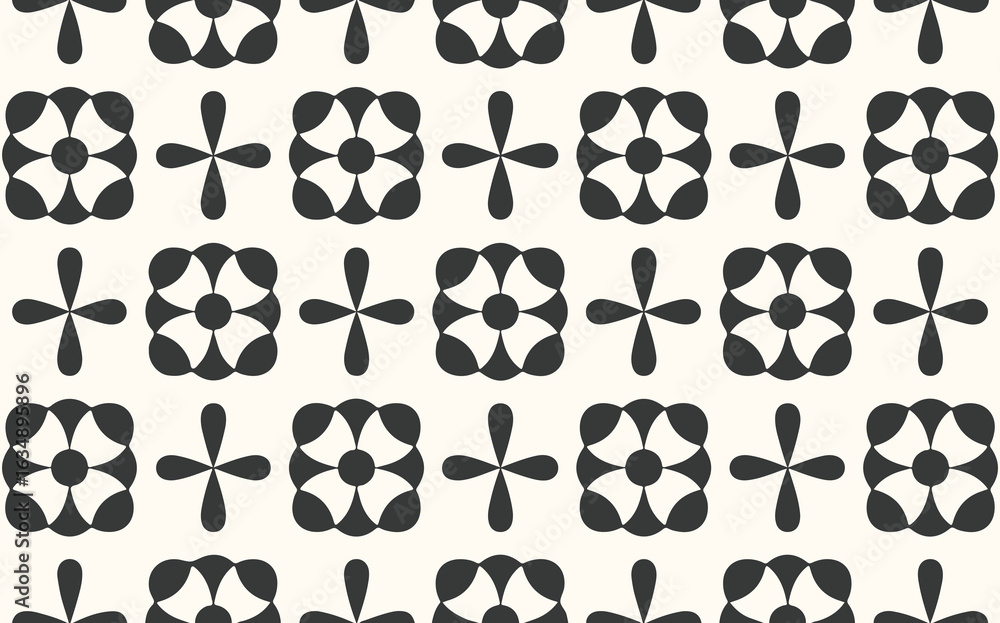 Fototapeta premium Seamless Geometric Pattern with Floral and Cross Motifs in Dark Gray and Beige for Textile and Background Design