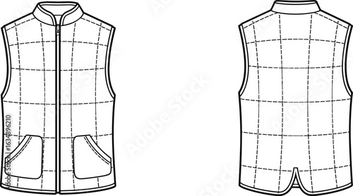 Flat sketch of men’s sleeveless quilted vest with stand collar, front zipper, patch pockets, and back vent fashion illustration