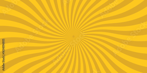 Golden yellow burst swirling rays radiating from a central point creating a vintage retro design for various creative and illustrative purposes.