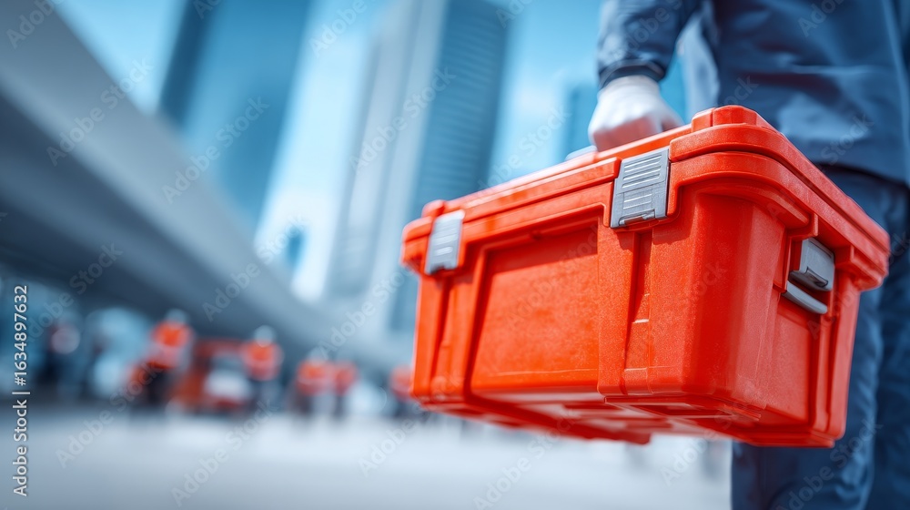Fototapeta premium Logistics and preservation insulated cooler box in urban environment action packed scene focused view