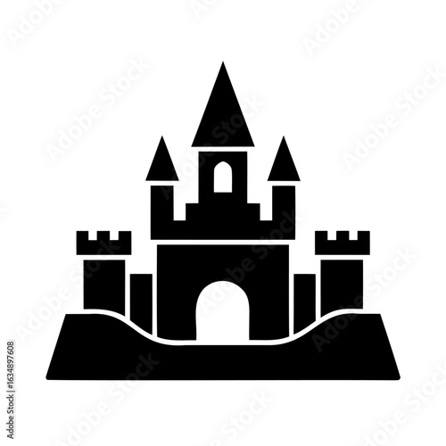 Simple silhouette of a sandcastle with turrets and a central keep