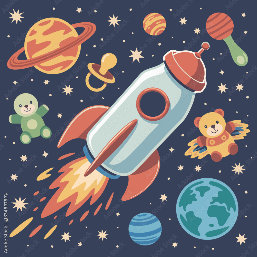 Fototapeta premium whimsical space adventure with rocket, planets, teddy bear, pacifier and toys in a starry sky for kids and nursery decor