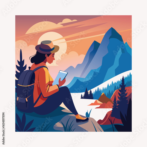 Woman Sketching in the Mountains at Sunset