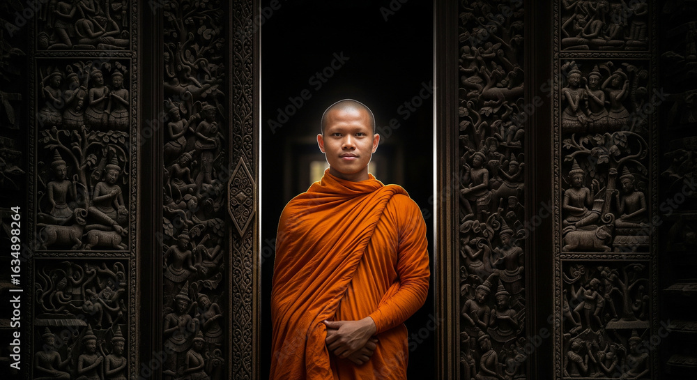 Naklejka premium Enlightened Presence: A Monk in the Temple - A Young Monk in a Traditional Orange Robe, Standing in a Carved Stone Doorway, Embodying Serenity and Spiritual Grace
