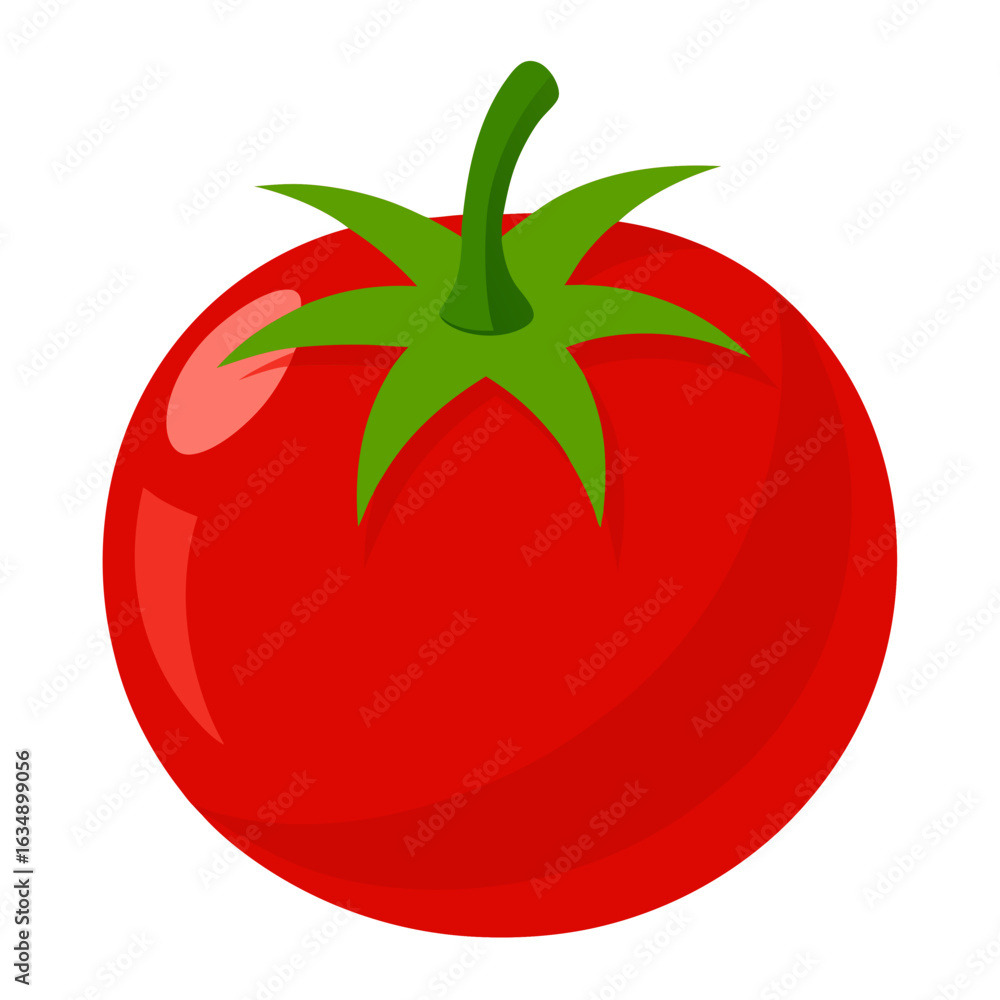 A single ripe red tomato with a green stem and leaves A single ripe red tomato with a green stem and leaves