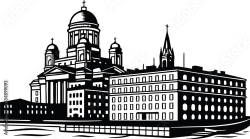 Helsinki skyline isolated on white background, a landmark of finnish capital.eps
