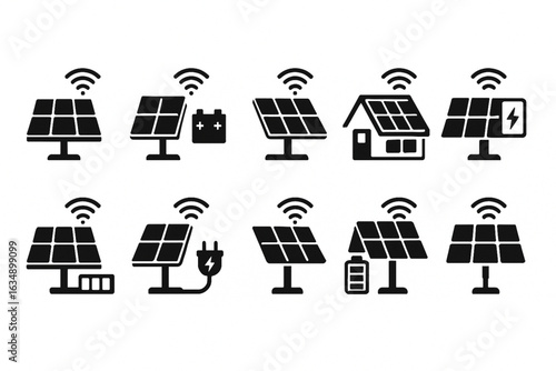 Remote Solar Energy System Icons with Wireless Transmitters, Tech Vector Silhouettes