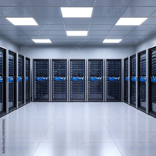 Modern server room with rows of computer racks and blue lights
