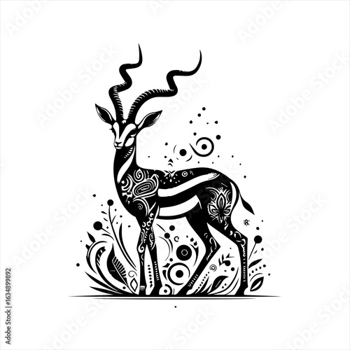 Stylized Black and White Gazelle with Ornate Patterns.