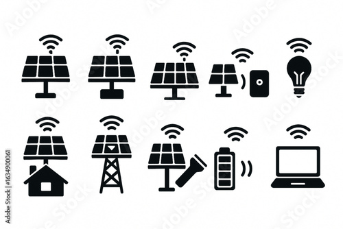 Remote Solar Energy System Icons with Wireless Transmitters, Tech Vector Silhouettes
