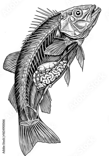 Stunning anatomical illustration of a fish showcasing its bone structure and internal organs