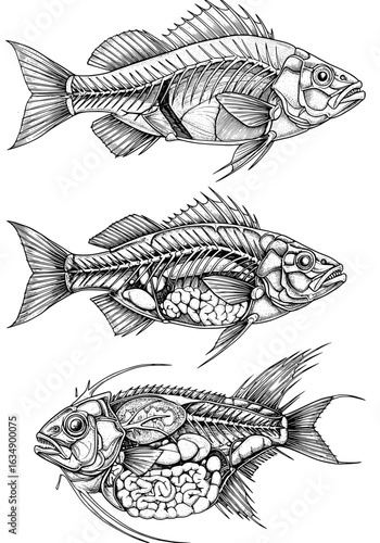 Detailed anatomical fish study showing bones and organs, great for biology or educational materials, vintage style