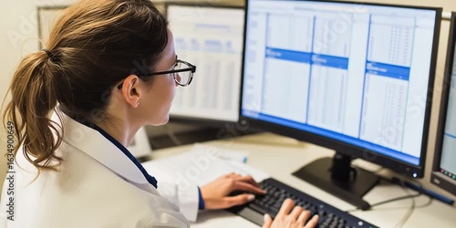 A  female service rep, glasses, medical technology professional in a lab coat, looking at a computer screen, monitoring customer service, side view profile, records, analyizing, high tech; HIPAA