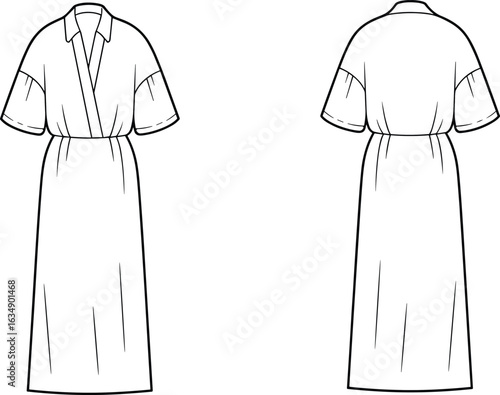 Flat sketch of women’s dress with V-neck wrap front, short wide sleeves, elastic waist, midi length, front and back views