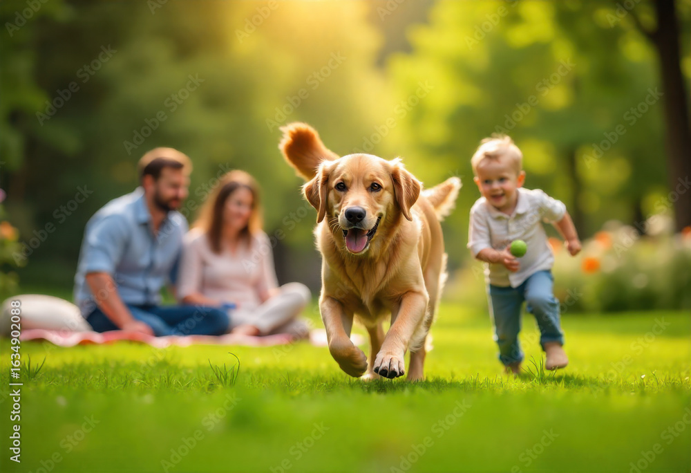 Obraz premium Golden retriever running toward camera with family in background