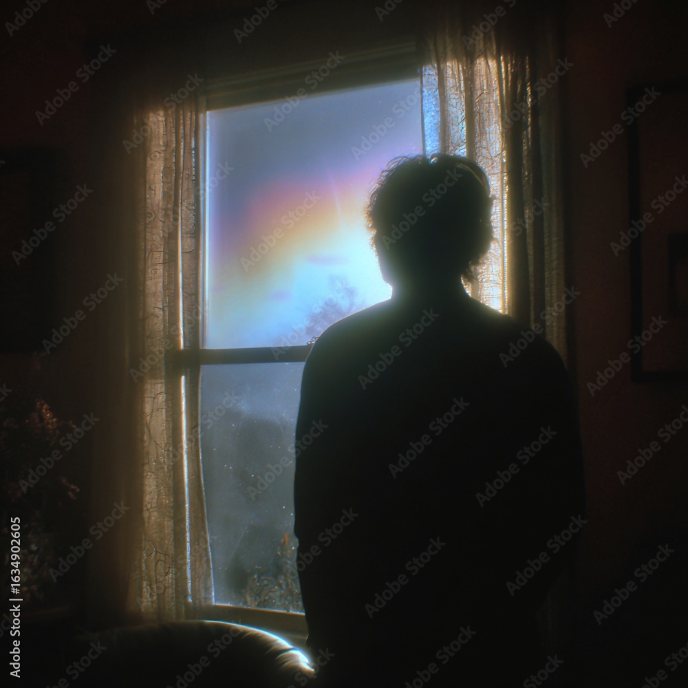 Fototapeta premium Silhouette contemplating spectral light through a window in dimly lit interior space