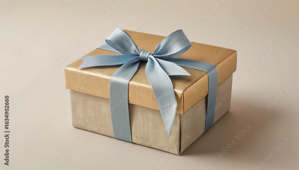 Obraz premium Elegant Gift Box with Blue Ribbon on Neutral Background – High Resolution