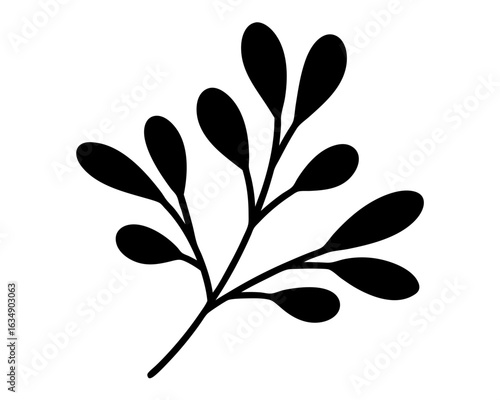 Black and white botanical illustration of a stylized twig with leaves