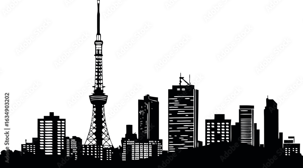 Obraz premium Black cityscape silhouette isolated on white background with tower and buildings.eps