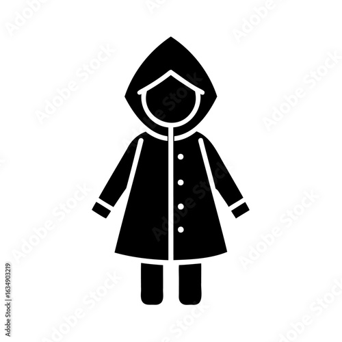 Child silhouette wearing a hooded raincoat with buttons for protection against rain