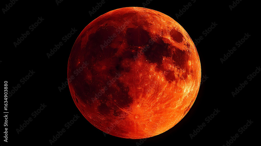 Fototapeta premium Fiery celestial orb glowing with deep crimson and orange hues against a stark black expanse blood moon