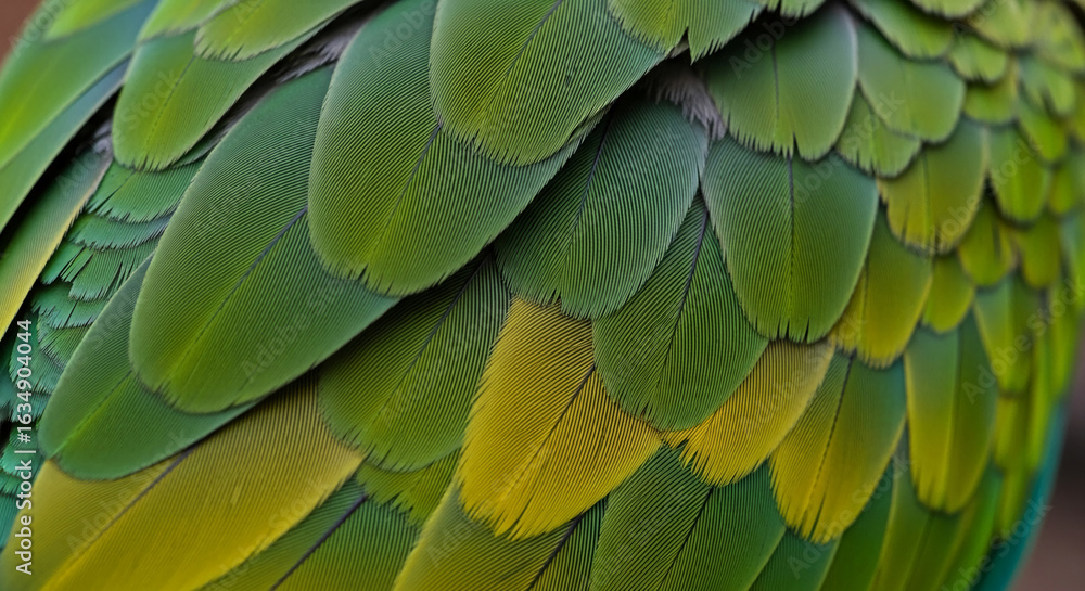 Naklejka premium Close-up of vibrant green and yellow bird feathers, showcasing intricate texture and overlapping pattern, representing nature's beauty and detail, ideal for natural background
