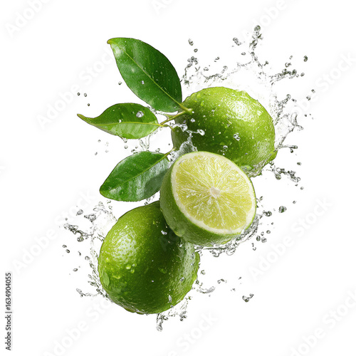Limes splashing in water, kitchen background, food photography, recipe illustration