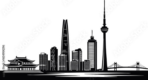 Black silhouette of seoul city skyline isolated on white background.eps