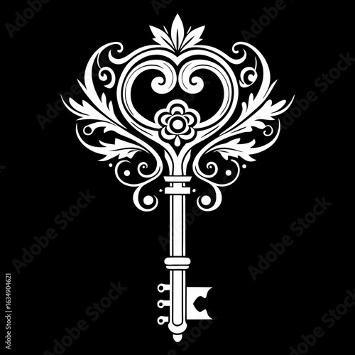 Elegant white ornate key with floral scrollwork on black background