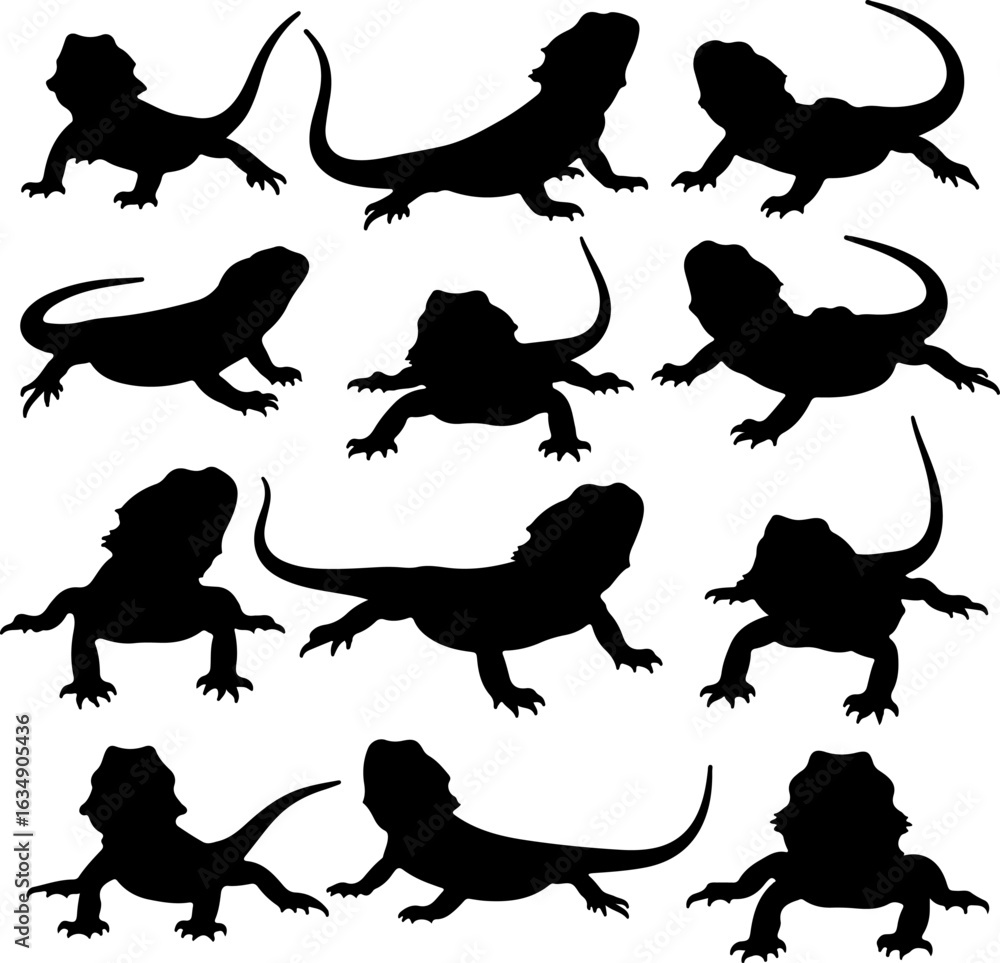 Naklejka premium Collection of Bearded Dragon Lizard Silhouettes in Different Poses