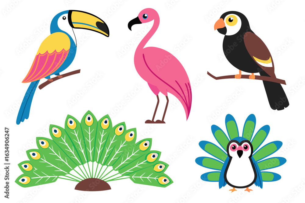 Naklejka premium Vibrant tropical bird vector illustrations including parrot, flamingo, toucan, and peacock on clean white background for design projects