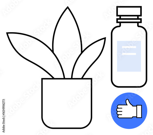 Potted plant beside a medicine bottle with a thumbs-up symbol in a blue circle. Ideal for health, wellness, eco-living, natural remedies, sustainability, approval, and simple landing page