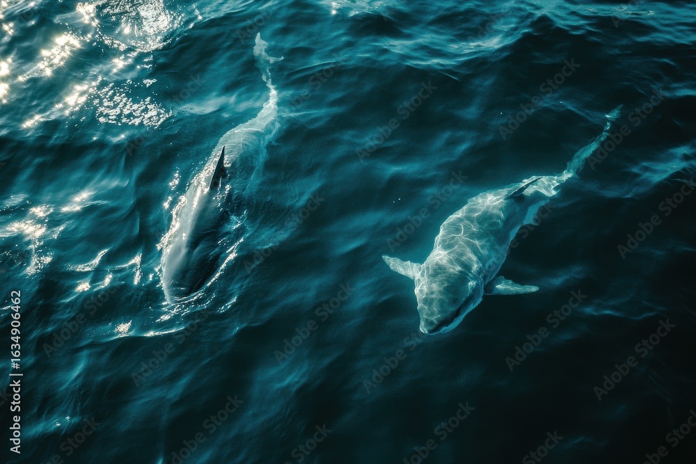 Fototapeta premium Great white sharks swimming in open ocean under sunlight during daytime, Great white sharks in open ocean, POV