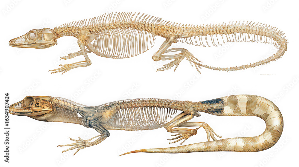 Fototapeta premium Comparative anatomical illustration of a lizard skeleton showcasing its bone structure and reptilian characteristics isolated on transparent background