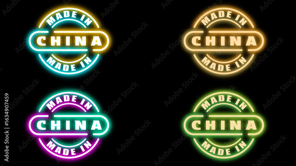 Fototapeta premium Made in china bright icons on black background with modern and retro style light.