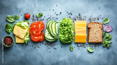 Assorted sandwich ingredients arranged in a horizontal row on a textured surface  Fresh vegetables, cheese, bread slices, and spices are visible