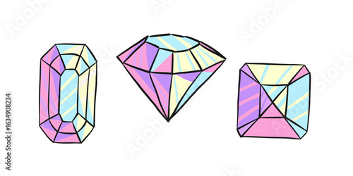 Set of colorful hand drawn gemstones with faceted surfaces in pastel shades. Concept of luxury, elegance and precious stones with artistic abstract style