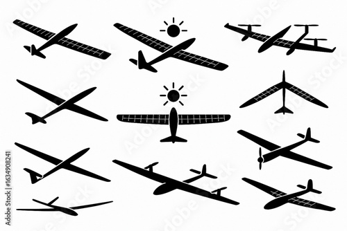 Solar Aircraft and High-Altitude Glider Icons, Futuristic Vector Silhouettes