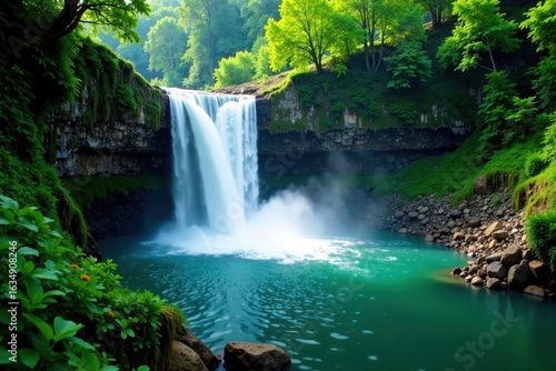 Steaming waterfall plunges into emerald pool, dense canopy, background, tropical, lush