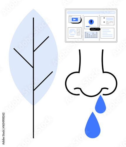 Nose with drops represents allergic reaction, leaf symbolizes natural allergens, digital screen shows data analysis. Ideal for health, biology, environment, technology, analytics, education simple