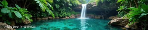 Serene pool fed by a hidden waterfall, surrounded by dense tropical plants, flow, beauty, photography