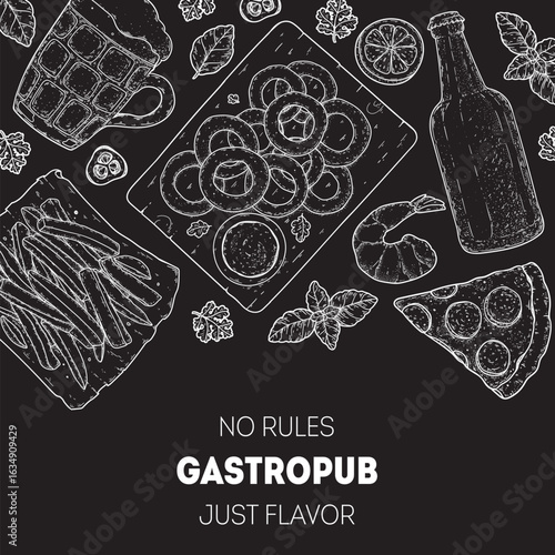 Gastropub menu. Pub food and beer. Hand drawn vector illustration. Food and drink sketch. Top view. Hand drawn food collection for gastropub or pub menu design. Beer, burger, french fries, snacks.