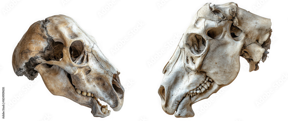 Naklejka premium Two animal skulls are displayed against a transparent background, showcasing their intricate bone structure and anatomical details