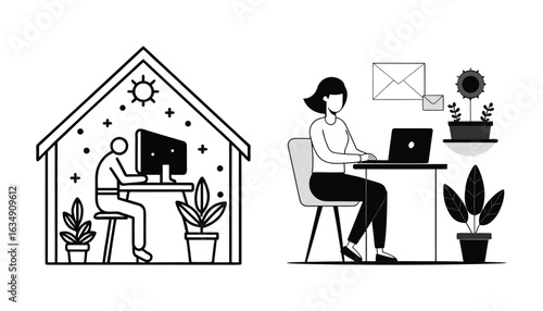Silhouettes of Man and Woman Working from Home on Laptop Minimalist Black and White Remote Workspace with Plants, Night Window, Email Icon, and Modern Furniture
