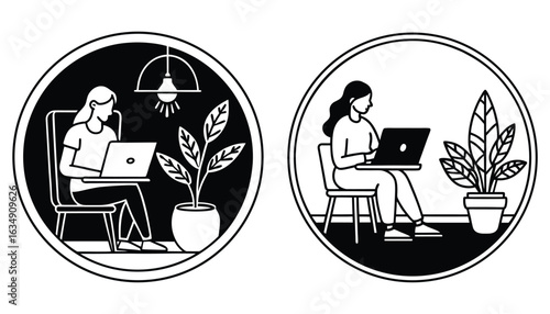 Minimalist Silhouette of Woman Working on Laptop Indoors Home Office Setup with Plants, Desk, and Lighting in Black and White for Remote Work or Freelance Productivity Concept