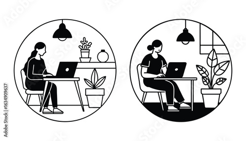 Minimalist Silhouette of Woman Working on Laptop Indoors Home Office Setup with Plants, Desk, and Lighting in Black and White for Remote Work or Freelance Productivity Concept